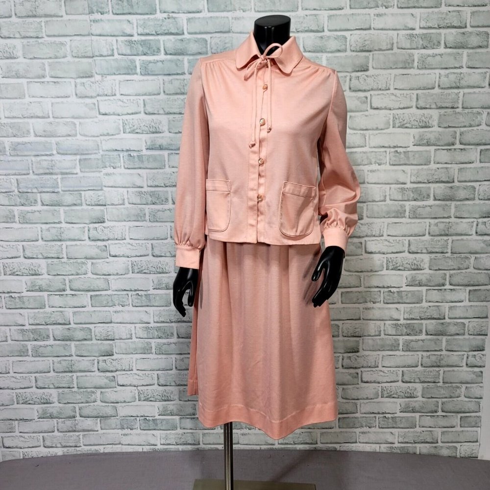 Vintage 70s Butte Knit S/M Peach Pink Day Dress &‎ Jacket Polyester Outfit Set - Picture 10 of 14